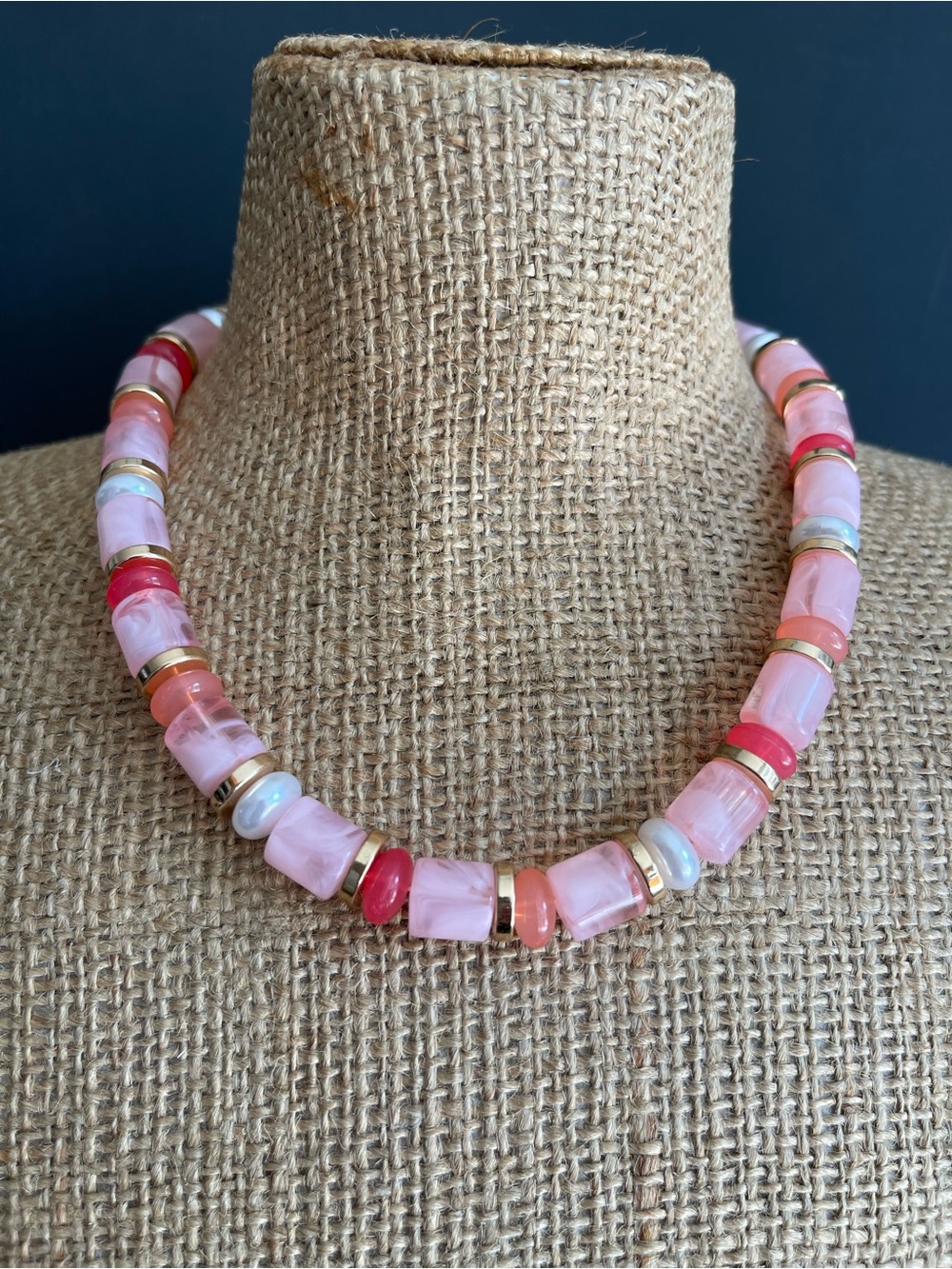 Pink Beaded Statement Necklace .